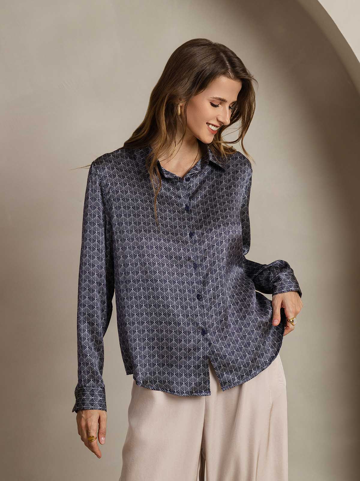 [Navy Ginkgo] SilkSilky-CA Silk Lapel Collar Women's Shirt 005