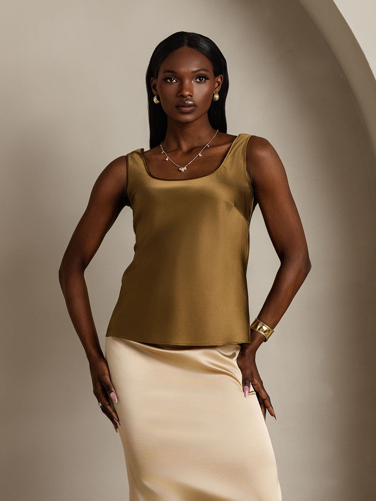 [Brown] SilkSilky-CA 19Momme Silk U Neck Camisole 001