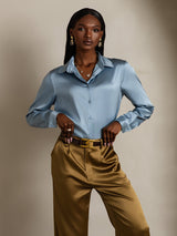 [Grayish Blue] SilkSilky-CA Long Sleeve Lapel Collar Women's Shirt 003