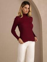 [Wine] SilkSilky-CA Long Sleeve Turtle Neck Women's T-Shirt 003