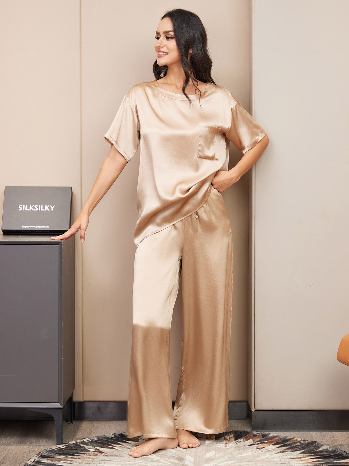 [Champagne] SilkSilky-CA Pure Silk Short Sleeve Womens Pajamas 005