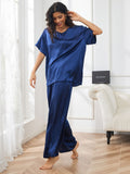 SilkSilky CA Pure Silk Short Sleeve V Neck Women's Pajamas DarkBlue 006