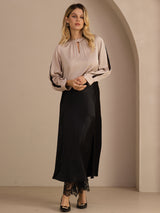 [Tan] SilkSilky-CA Long Sleeve Keyhole Neck Women's Blouse 007