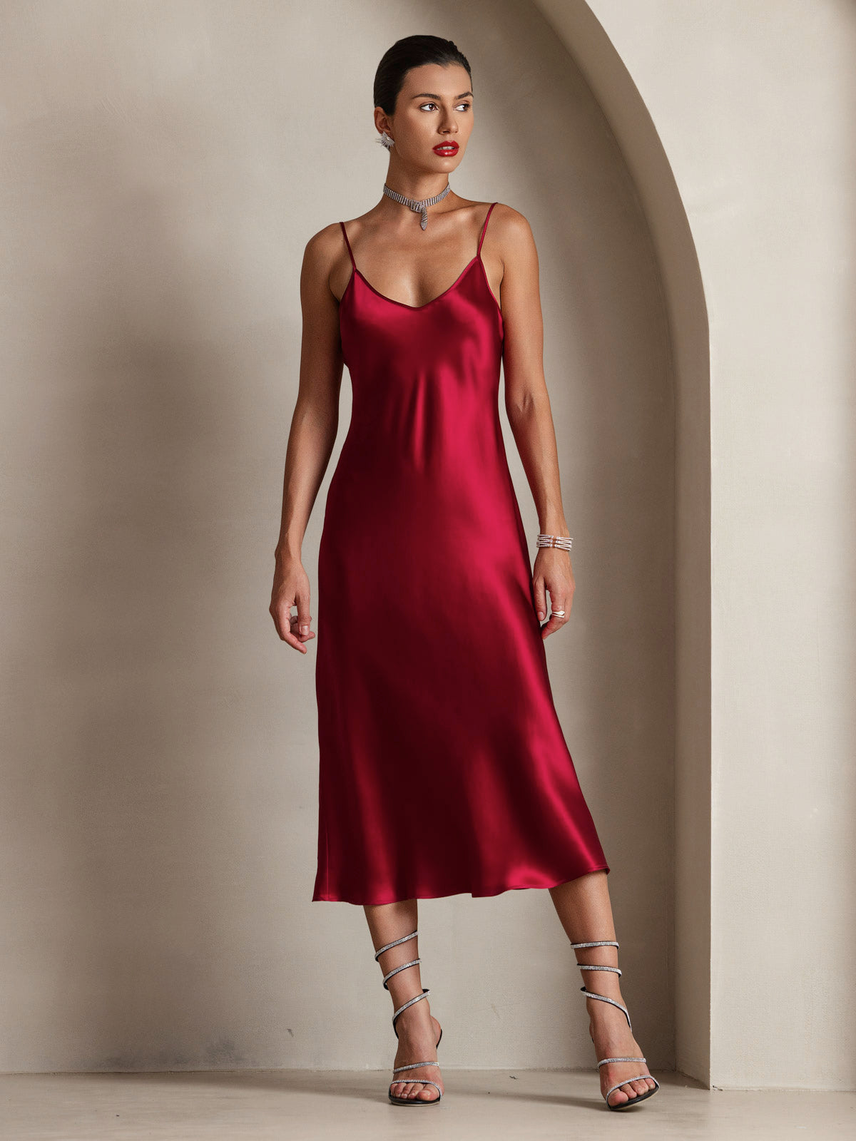 SilkSilky-CA Pure Silk Sleeveless Round Neck Dress Wine 006