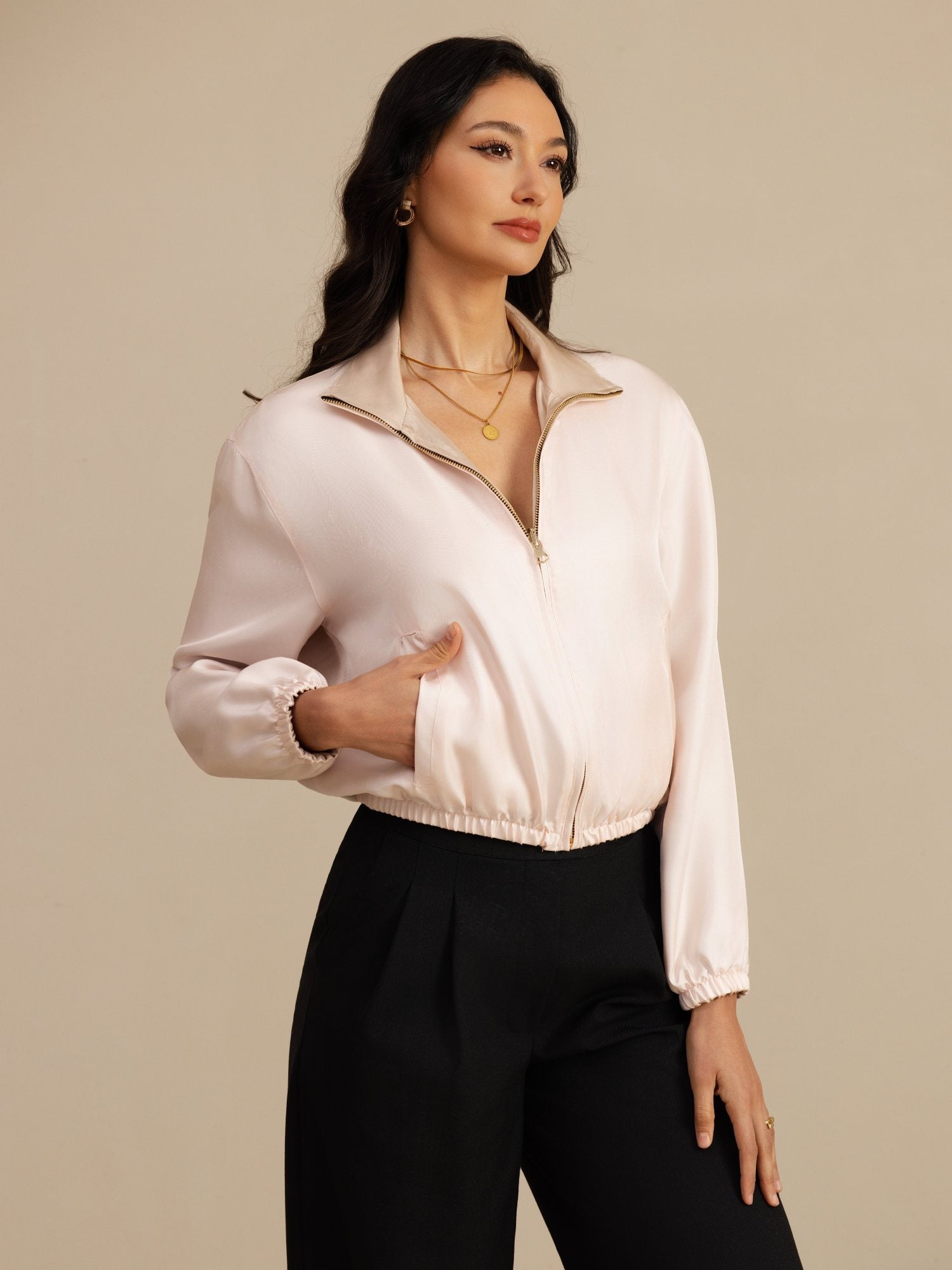 [Tan+Pink] SilkSilky-CA 18Momme Silk Satin Surah Long Sleeve Stand Collar Women's Outerwear 005