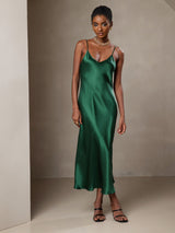 [Green] SilkSilky-CA Spaghetti Strap V Neck Dress 001