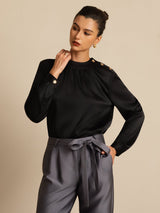 [Black] SilkSilky-CA 19Momme Stretch Silk Charmeuse Long Sleeve Round Neck Blouse 001