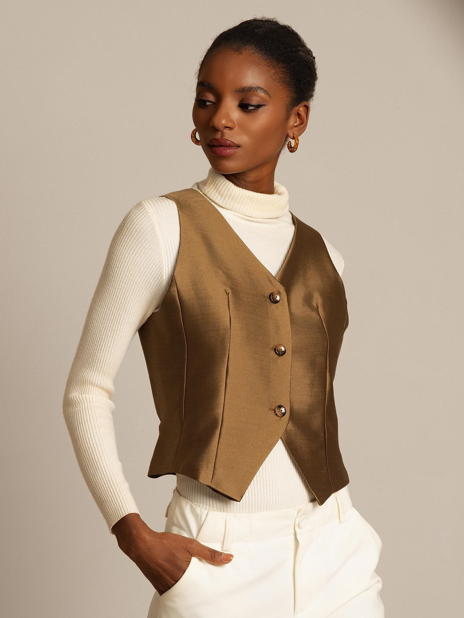 [Bronze] SilkSilky-CA 32Momme Silk-Wool Blend V Neck Women's Vest 004,