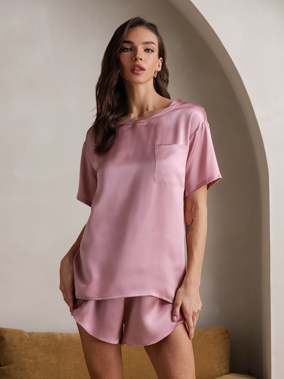 [Pale Mauve] SilkSilky-CA Pure Silk Round Neck Women's Pajamas 005