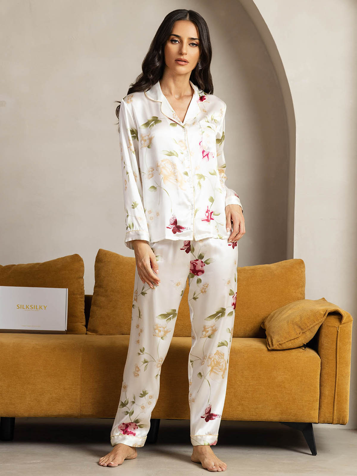 [Ivory Floral] SilkSilky-CA Pure Silk Womens Pajamas 001