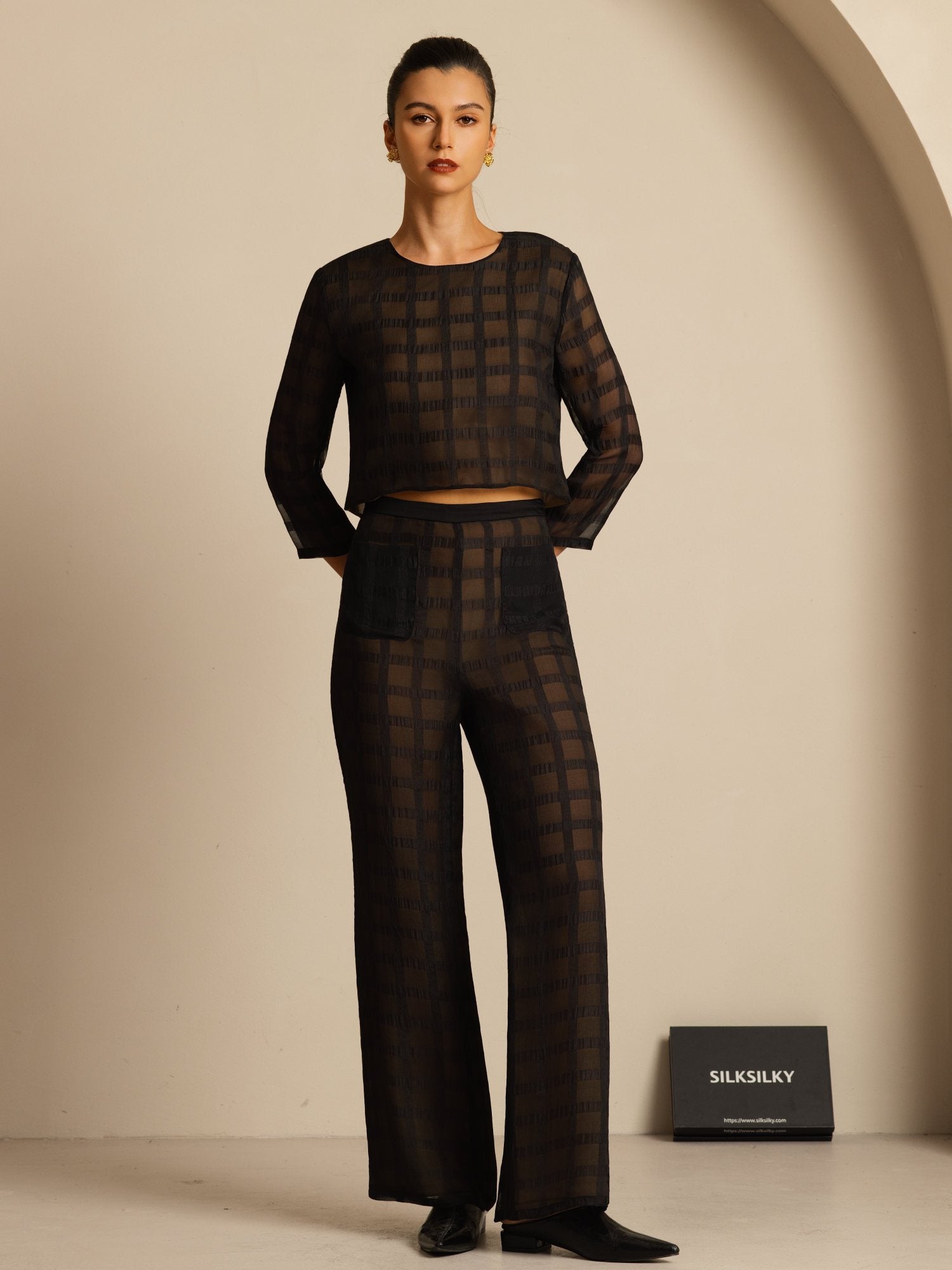 [Black] SilkSilky-CA Pure Silk Womens Pants 007