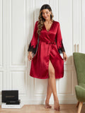 SilkSilky CA Pure Silk 3/4 Sleeve Womens Robe DarkRed 005