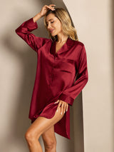 [Wine] SilkSilky-CA Long Sleeve Lapel Collar Nightshirt 004