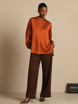 [Caramel] SilkSilky-CA 19Momme Stretch Silk Charmeuse Long Sleeve Stand Collar Blouse 006