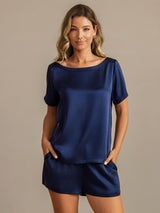 [Dark Blue] SilkSilky-CA 19Momme Machine-Washable Silk Short Sleeve Round Neck Women's Pajamas 001