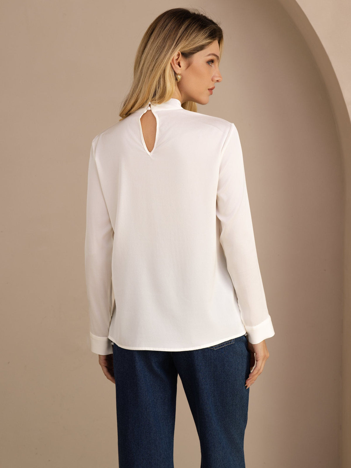 [White] SilkSilky-CA Long Sleeve Stand Collar Women's Blouse 002