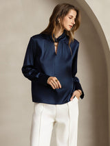 [Dark Blue] SilkSilky-CA 19Momme Silk Keyhole Neck Women's Shirt 006
