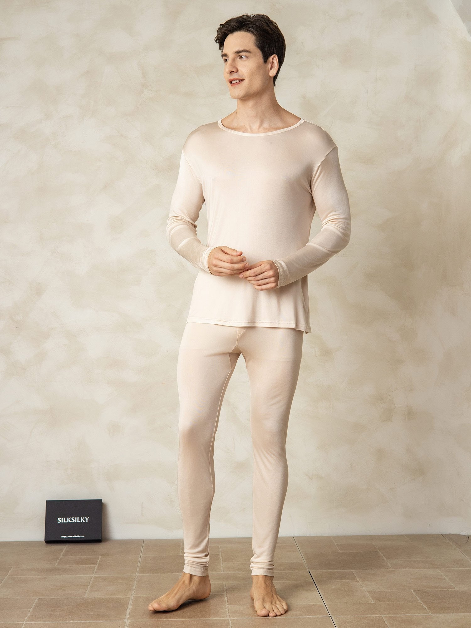 [Tan] SilkSilky-CA Silk Knitted Round Neck Men's Pajamas 001