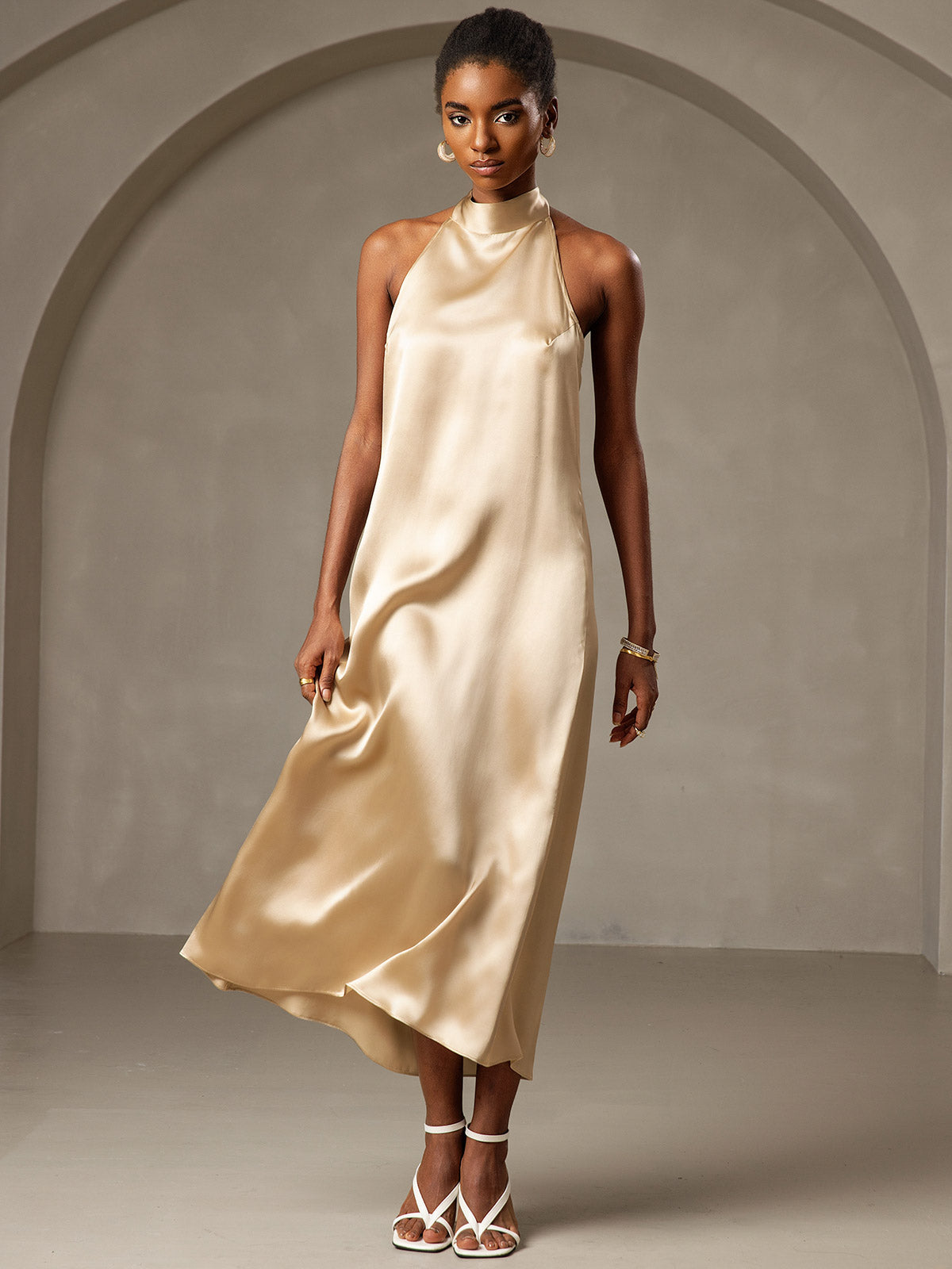 SilkSilky CA 19Momme Silk Sleeveless Dress Champagne 006