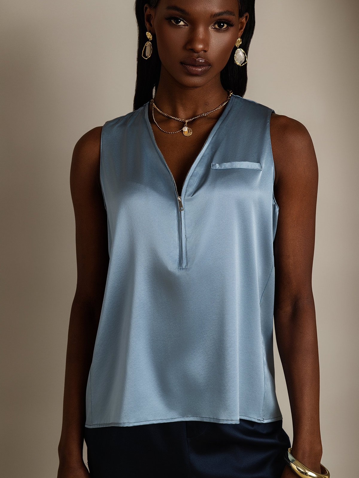 SilkSilky-CA 19Momme Silk Sleeveless V Neck Women's Shirt GrayishBlue 001