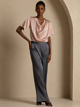 [Tuscany] SilkSilky-CA Short Sleeve Cowl Neck Women's Blouse 005