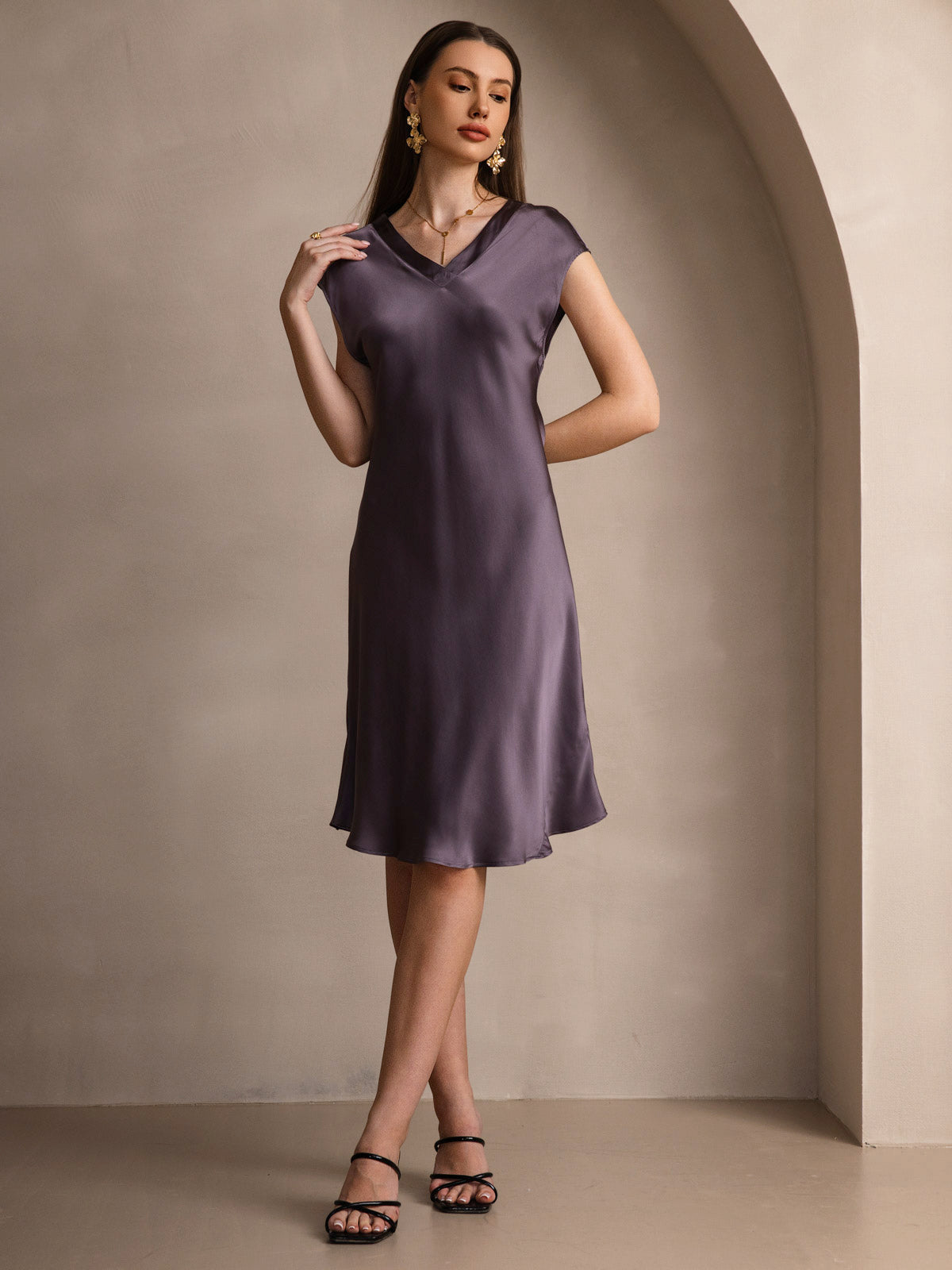 SilkSilky-CA Pure Silk Sleeveless V Neck Dress PurpleGray 005