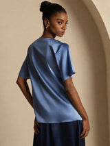 [Real Teal] SilkSilky-CA Short Sleeve Cowl Neck Women's Blouse 002