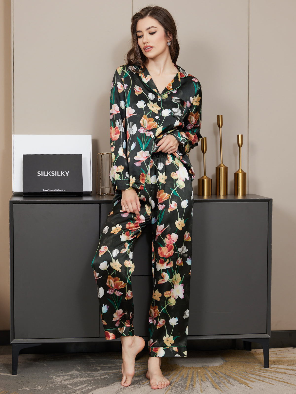 [Black] SilkSilky-CA Pure Silk Long Sleeve Lapel Women's Pajamas 005