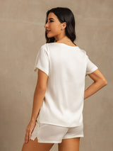 [White] SilkSilky-CA 19Momme Machine-Washable Silk Short Sleeve Round Neck Women's Pajamas 002
