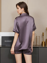 [Purple Gray] SilkSilky-CA Short Sleeve Lapel Collar Women's Pajamas 002