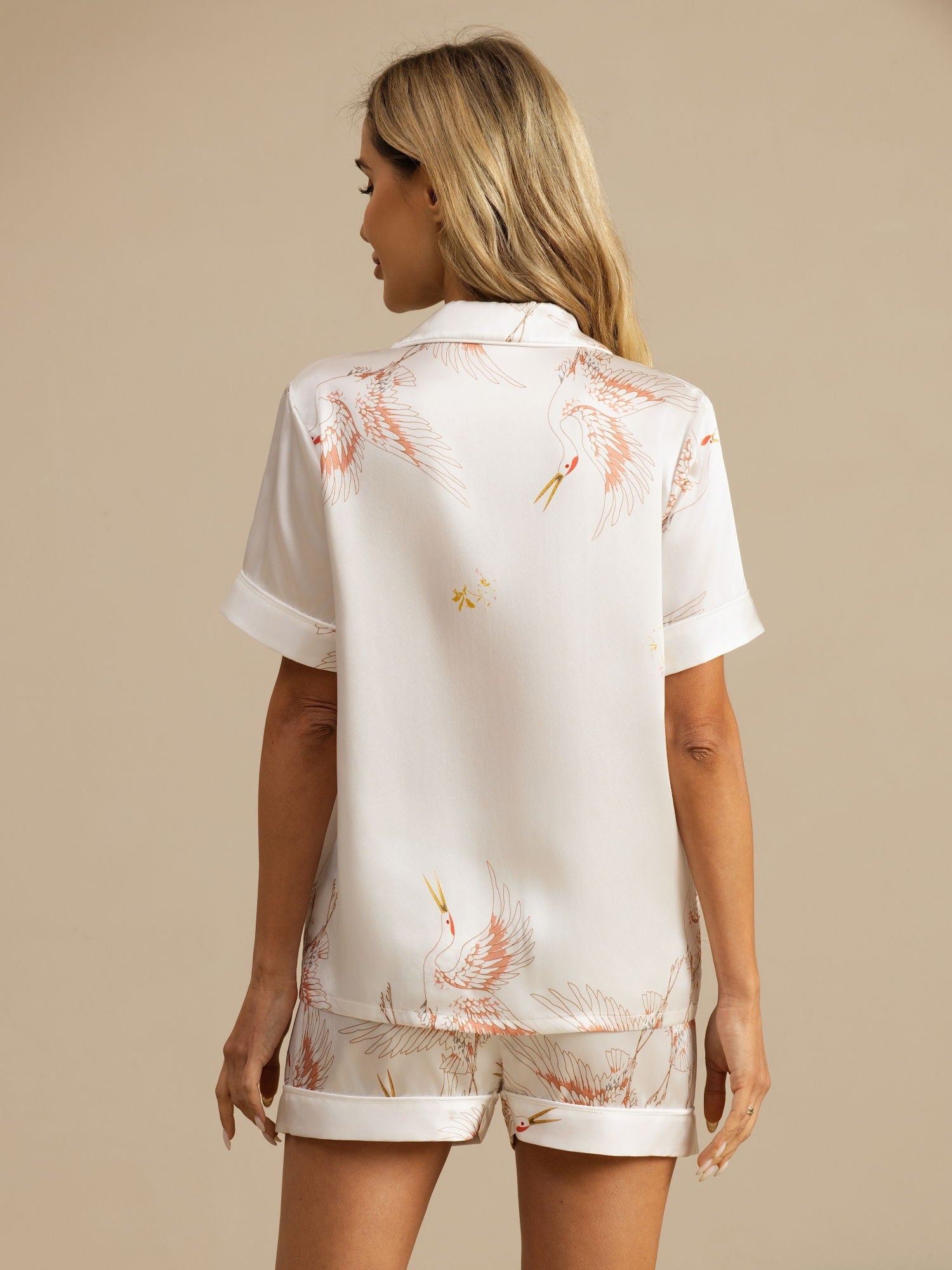 [White] SilkSilky-CA 19Momme Short Sleeve Notch Collar Women's Pajamas 002