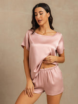 [Peach Skin] SilkSilky-CA 19Momme Machine-Washable Silk Short Sleeve Round Neck Women's Pajamas 005