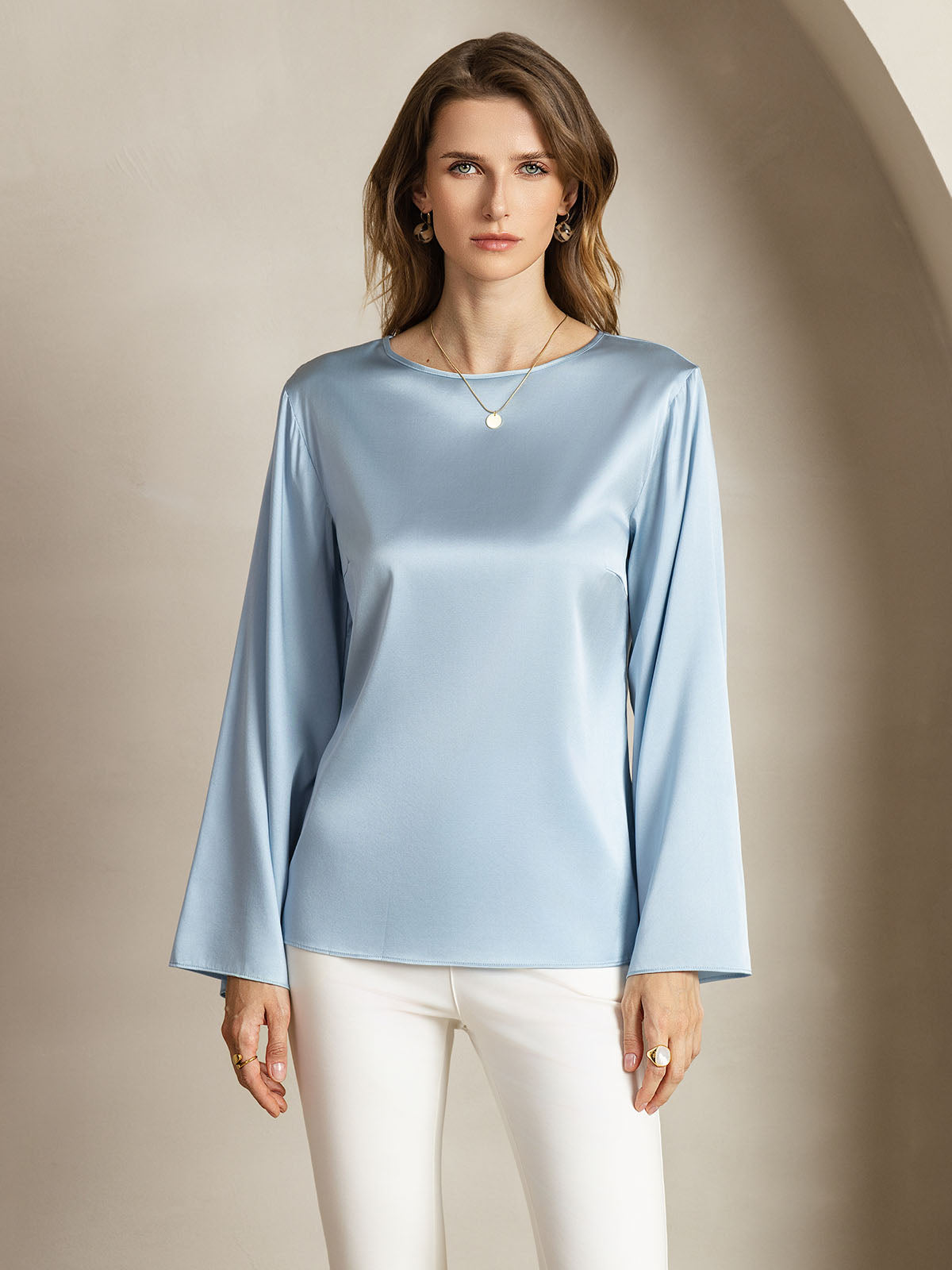 [Grayish Blue] SilkSilky-CA 19Momme Silk Round Neck Women's T-Shirt 004