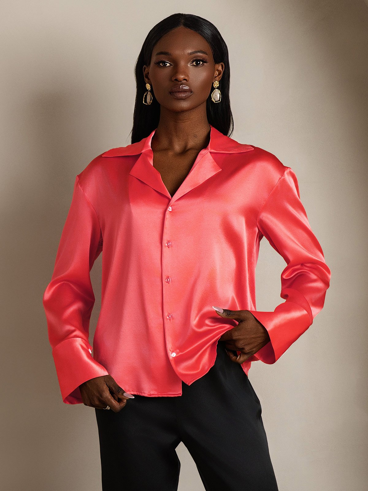 SilkSilky-CA 19Momme Silk Long Sleeve Lapel Women's Shirt ImperialRed 003