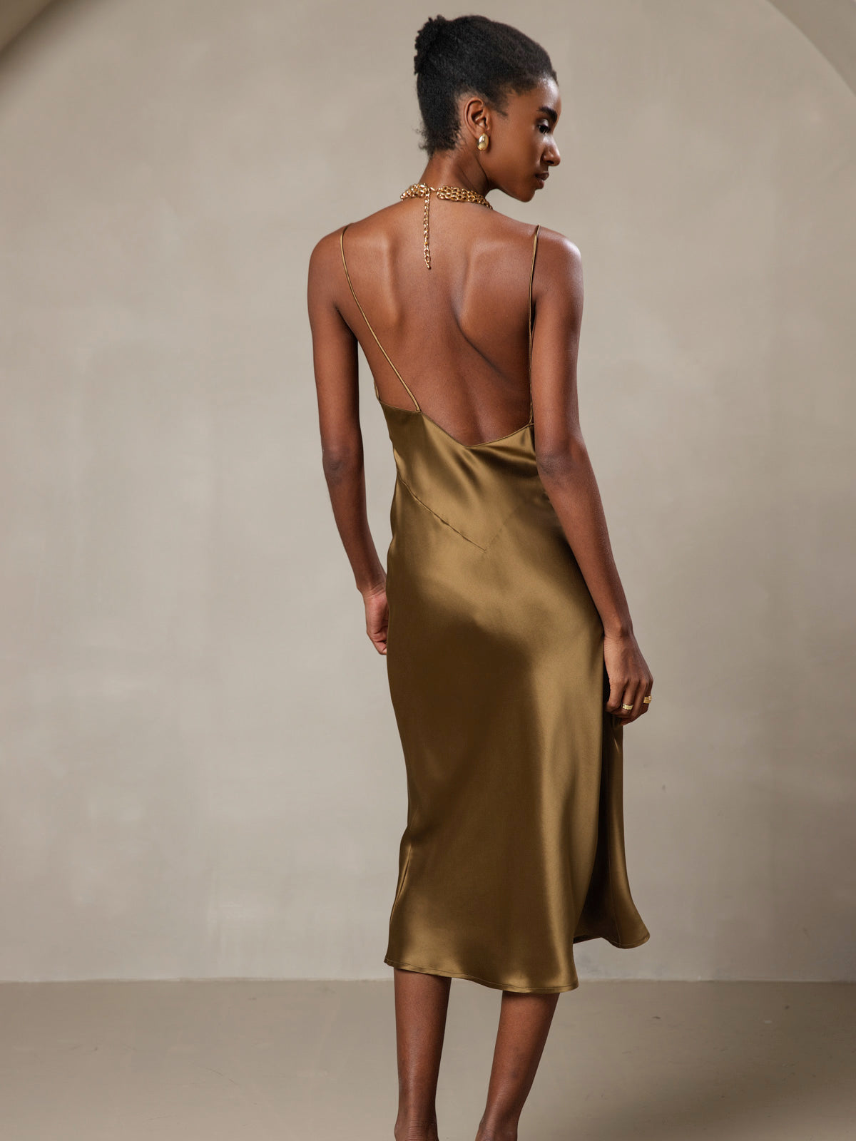 [Brown] SilkSilky-CA 19Momme Pure Silk V Neck Dress 002