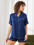 SilkSilky-CA Pure Silk Short Sleeve Lapel Women's Pajamas DarkBlue 004