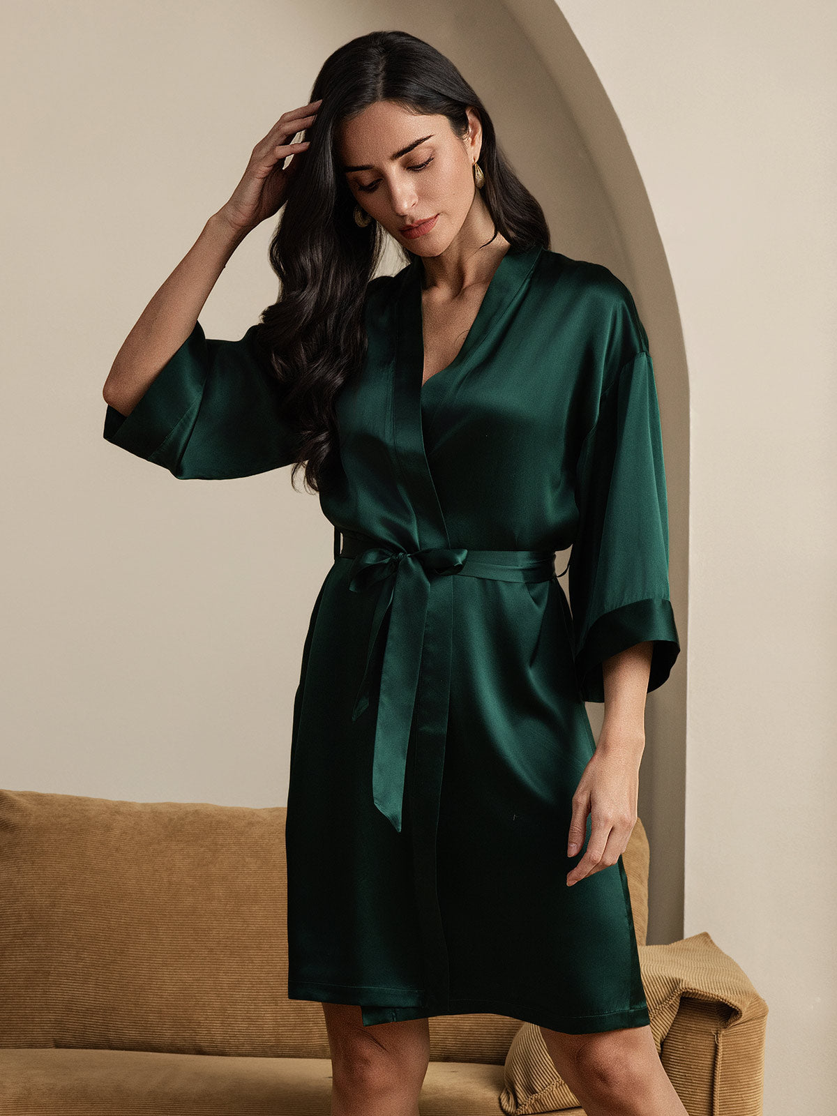[Dark Green] SilkSilky-CA Pure Silk 3/4 Sleeve Wrap Women's Robe 006