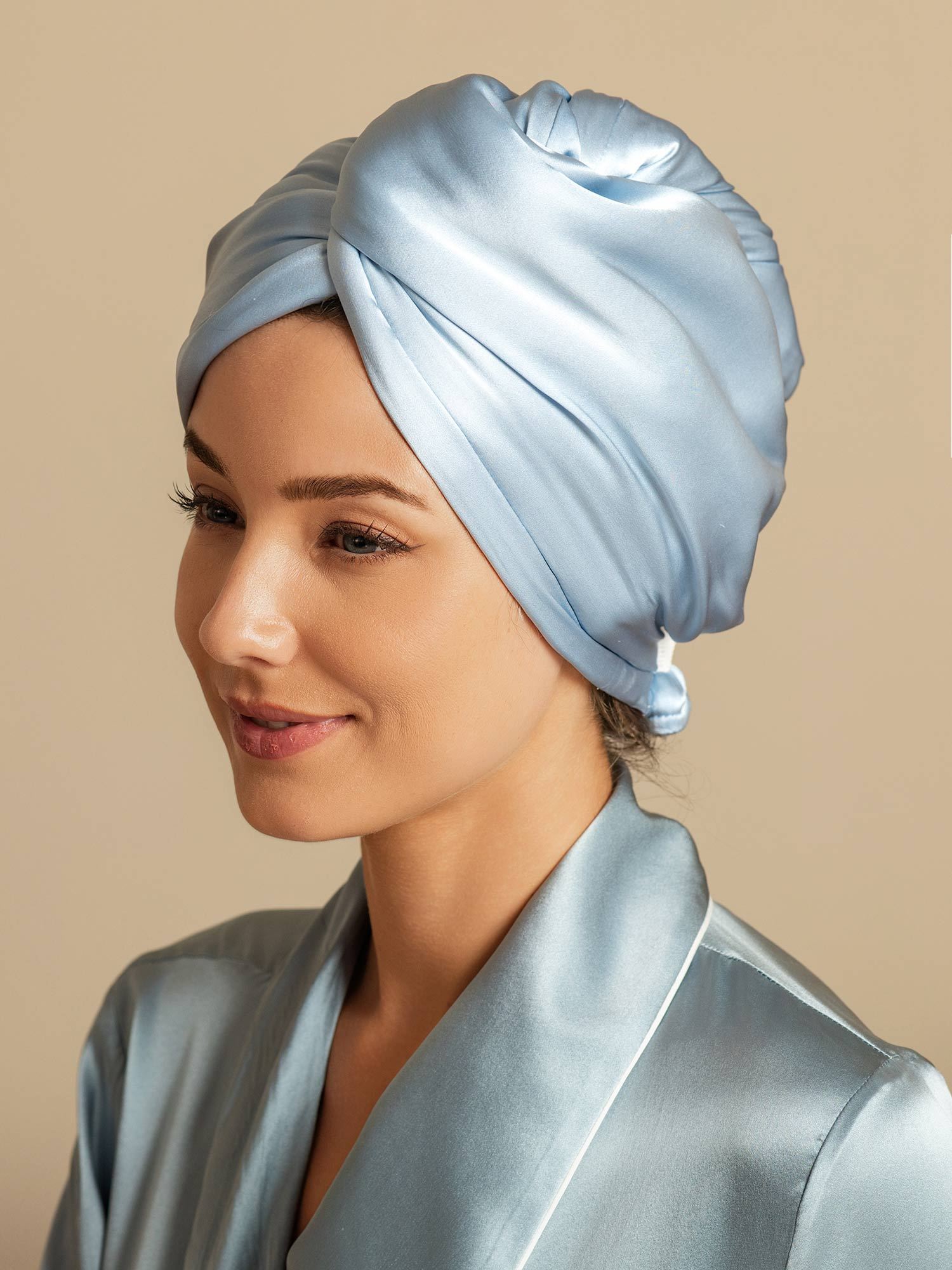 [Sky Blue] SilkSilky-CA Pure Silk Wrap Hair Towel Wrap 005,
