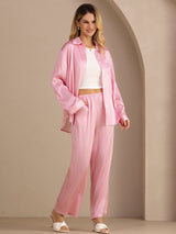 [Pink Pinstripe] SilkSilky-CA Long Sleeve Lapel Collar Women's Outfit Sets 003