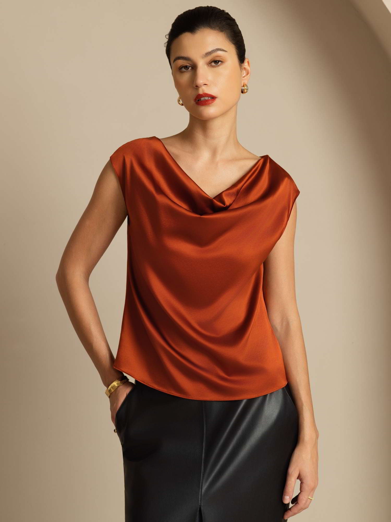 [Caramel] SilkSilky-CA 19Momme Silk Cap Sleeve Cowl Neck Women's T-Shirt 001