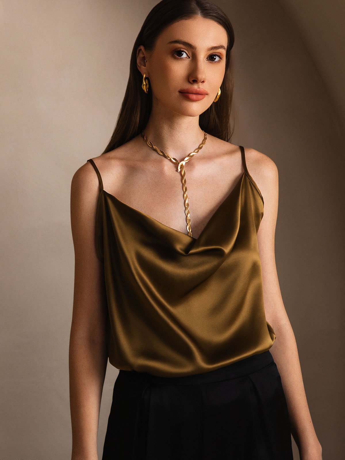 [Brown] SilkSilky-CA 19Momme Silk Cowl Neck Camisole 003