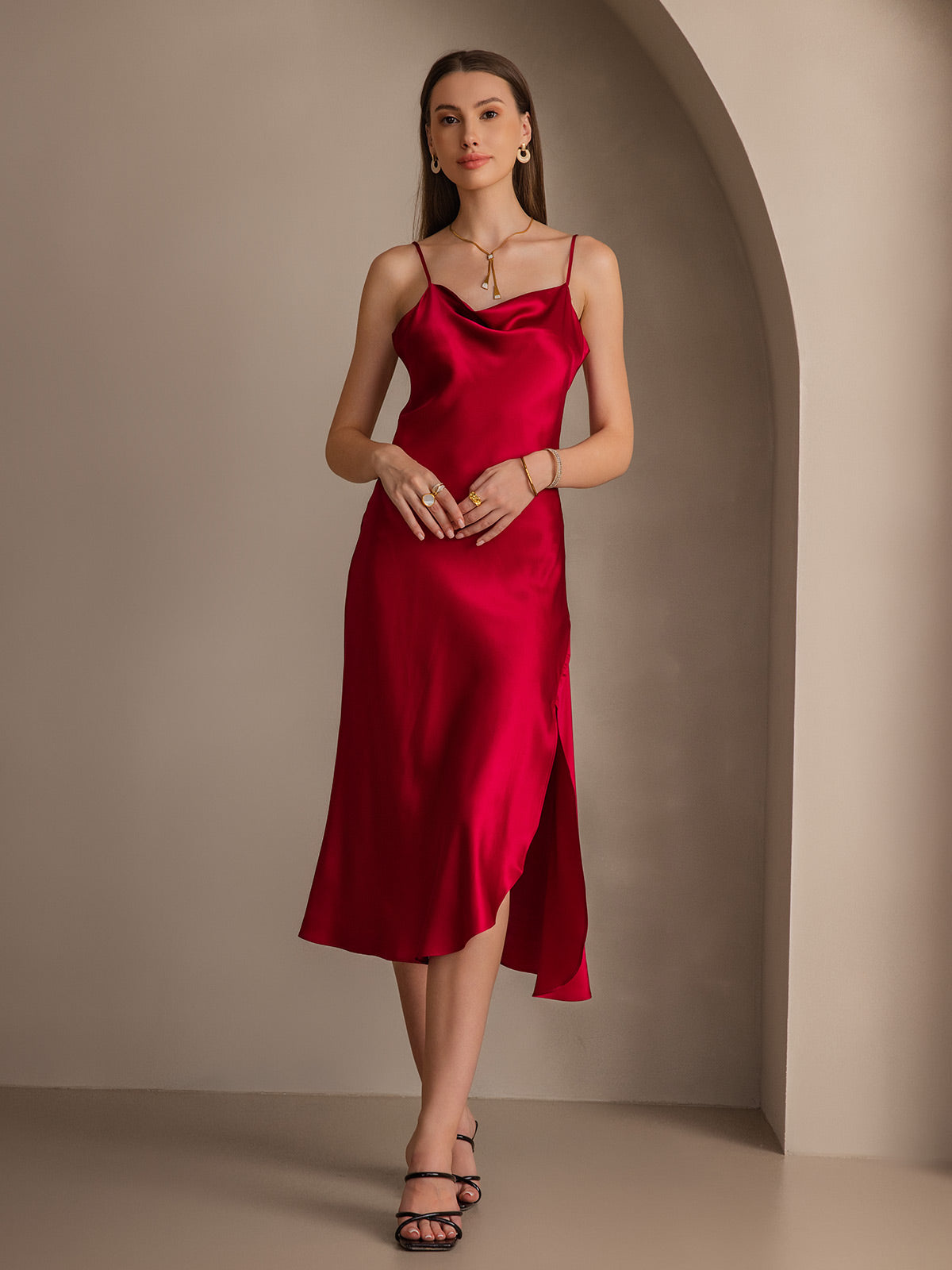 [Wine] SilkSilky-CA 19Momme Pure Silk Cowl Neck Dress 005