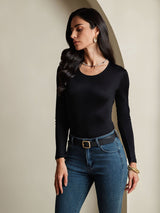 [Black] SilkSilky-CA Silk Jersey Long Sleeve Round Neck Women's T-Shirt 004