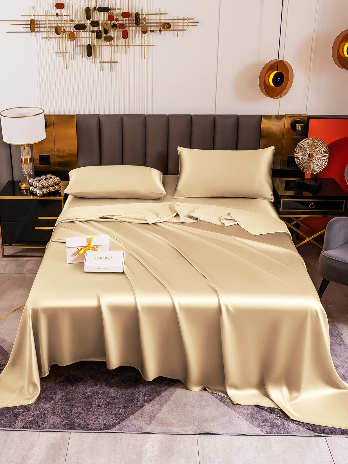[Beige] SilkSilky-CA 19Momme Pure Silk Bedding Set 005