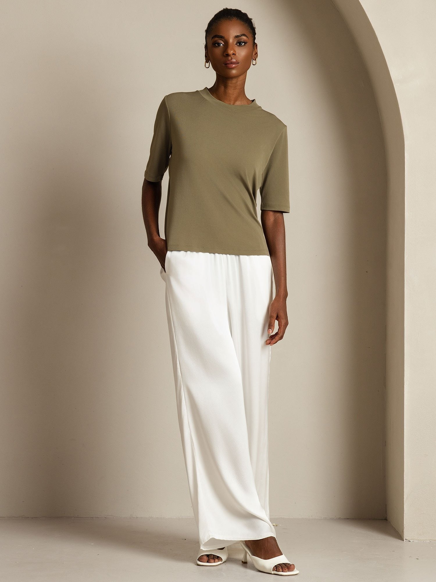 [Burnt Olive] SilkSilky-CA Pure Silk Round Neck Women's T-Shirt 006