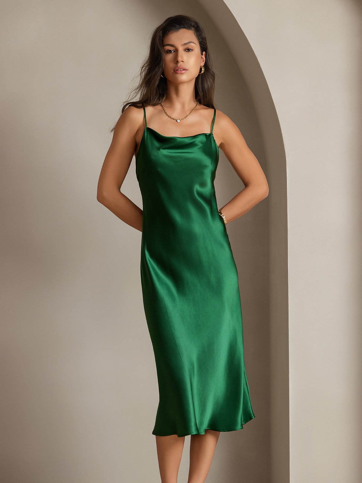 SilkSilky CA Pure Silk Sleeveless Cowl Neck Dress Green 008