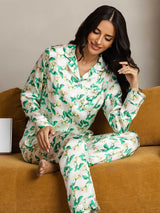 [Green Floral] SilkSilky-CA Pure Silk Notch Collar Women's Pajamas 006,