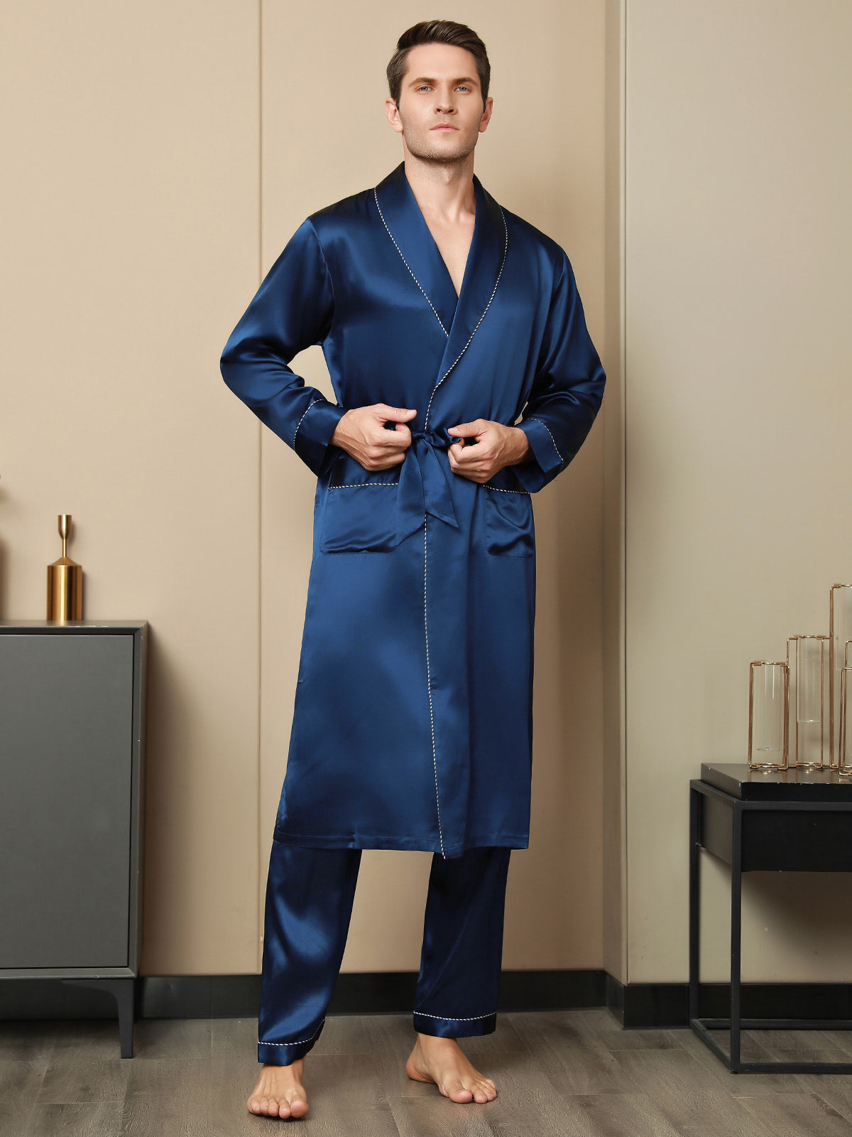 SilkSilky CA Pure Silk Long Sleeve Lapel Men's Robe DarkBlue 005