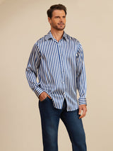 [Navy Stripe] SilkSilky-CA 19Momme Stretch Silk Charmeuse Long Sleeve Lapel Collar Men's Shirt 004