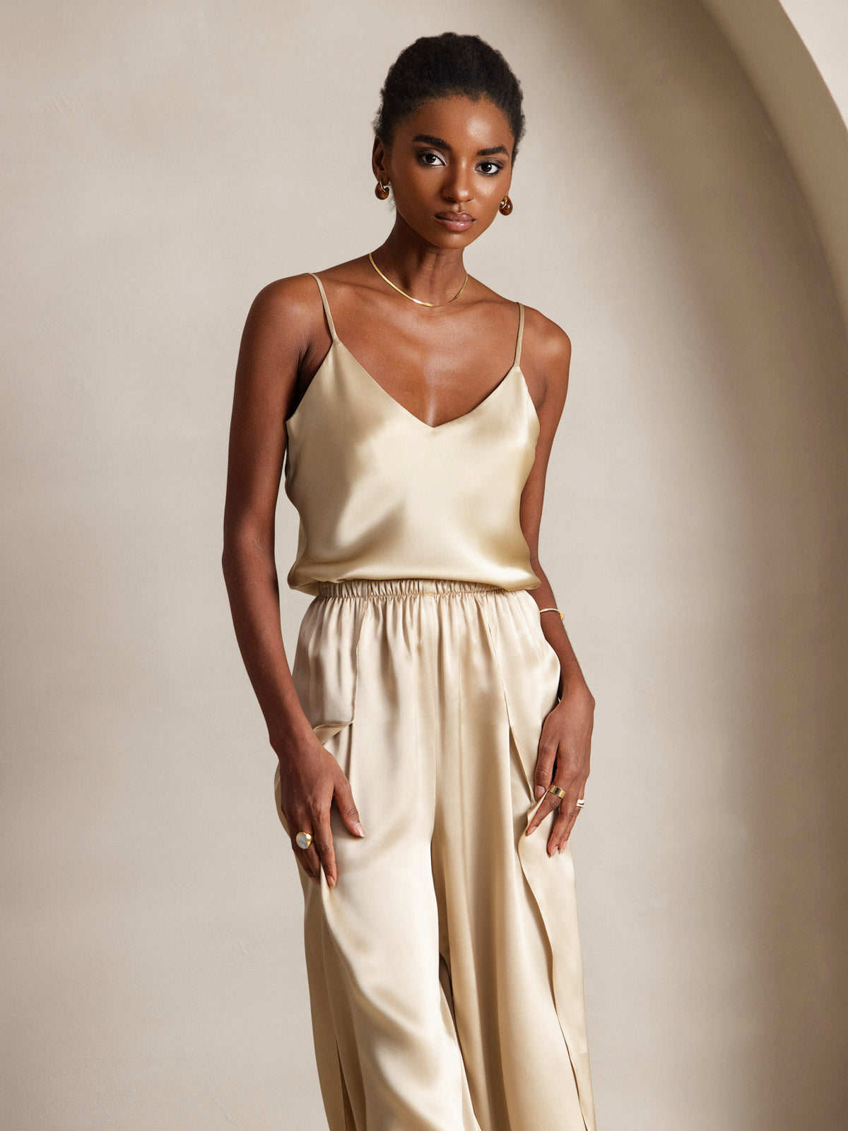 [Champagne] SilkSilky-CA Pure Silk V Neck Camisole 001